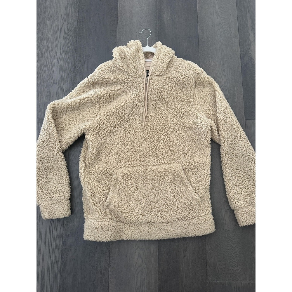 Brooklyn Cloth Hoodie Mens Large Tan Sherpa Fleece Quarter Zip‎ Kangaroo Pocket